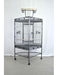 gabbia pappagallo angolo con trespolo tetto nera 2
