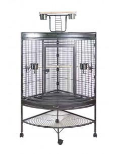 gabbia pappagallo angolo con trespolo tetto nera